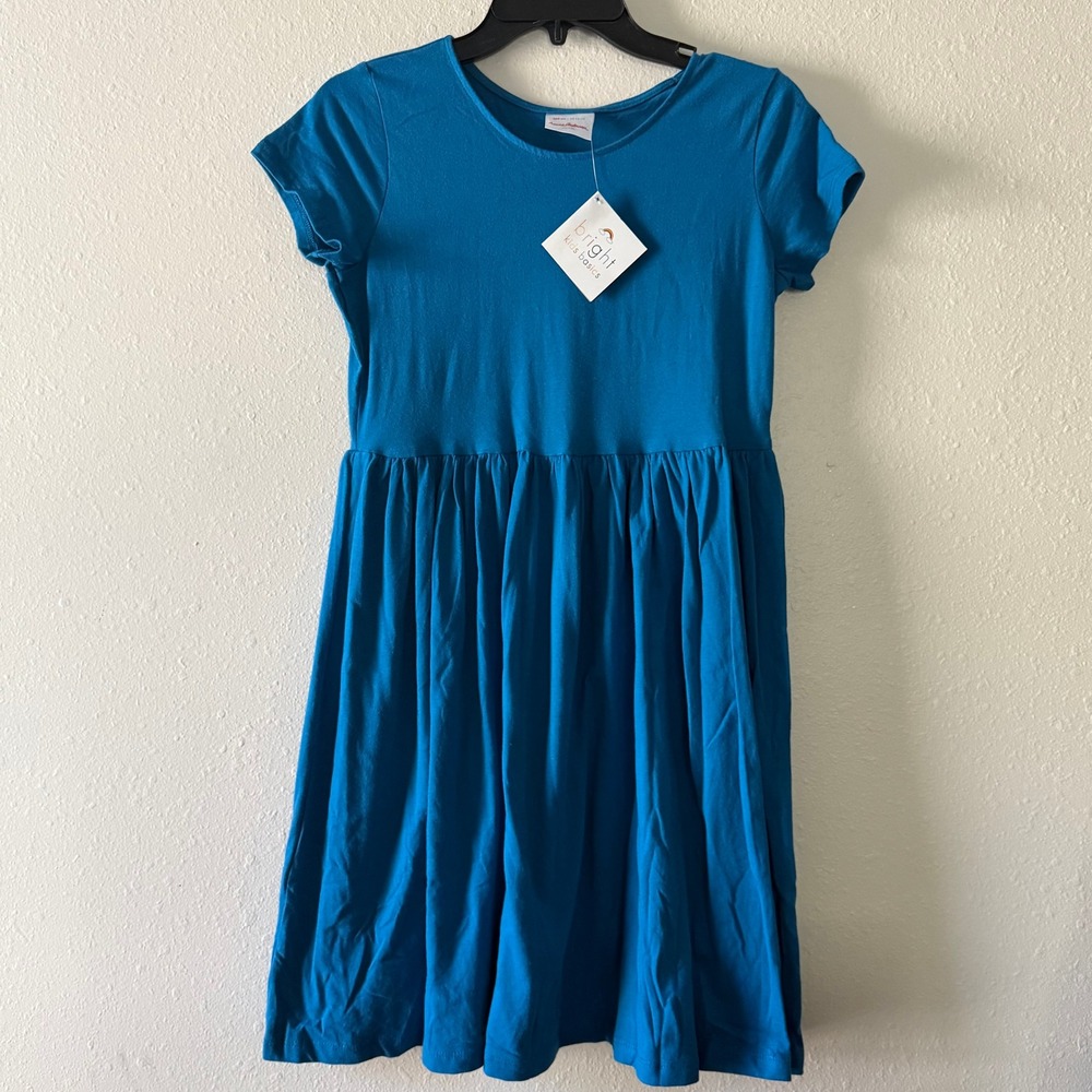 Hanna Andersson Bright Kids Basics Dress Teal Blue Short Sleeve Sz 160 US 14-16